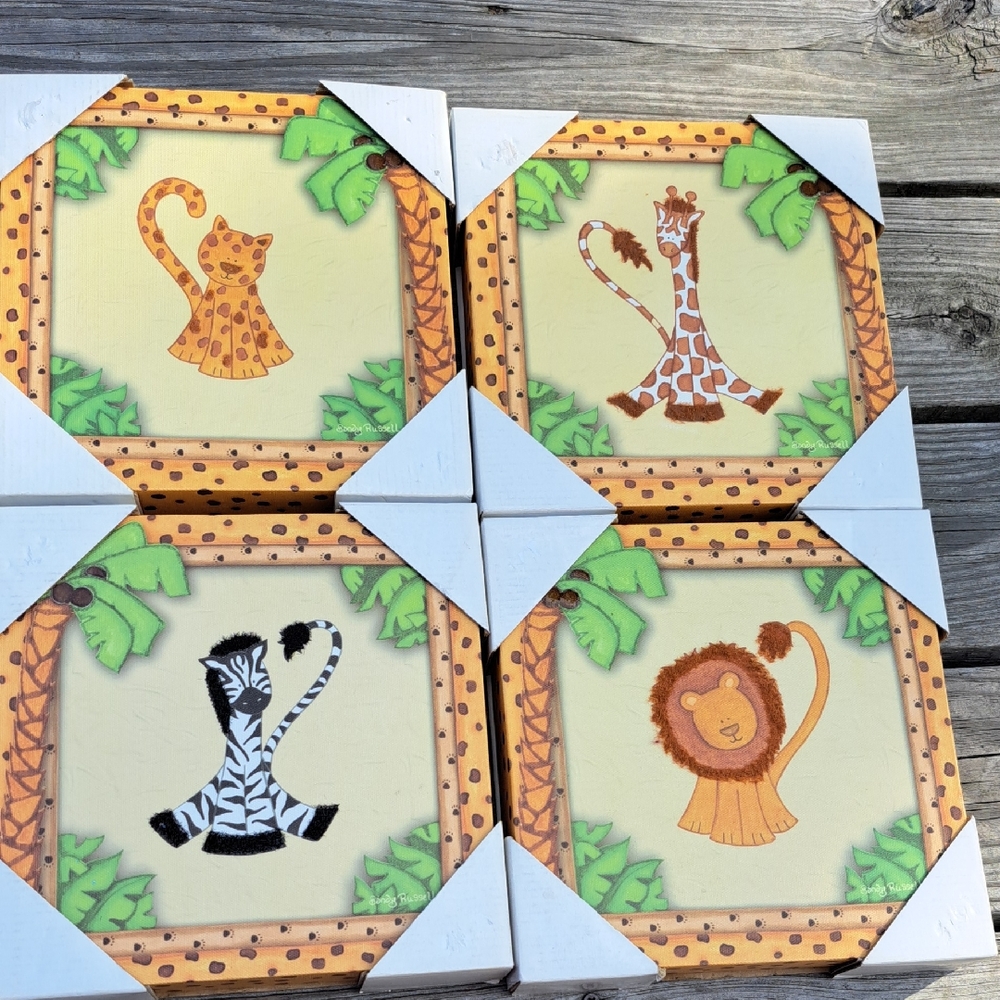 Sandy Russell Nursery Art Cat ,Lion, Zebra & Giraffe Set of 4 13"x13"  Home NEW